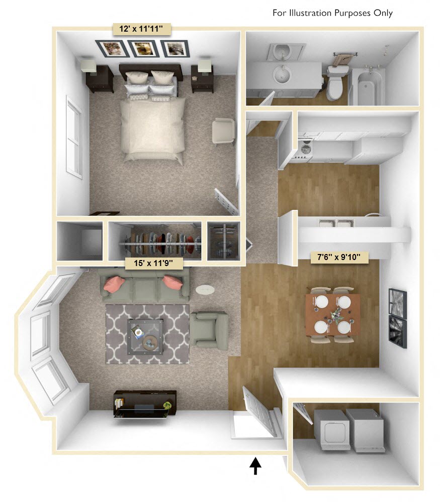 Floor plan for 1 bed, 1 bath, 600 sqft